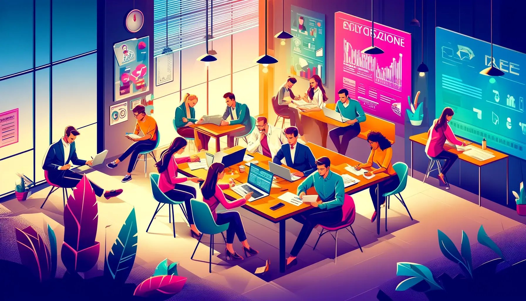 DALL·E 2024-05-01 14.04.09 - A vibrant scene depicting a group of students completing their application process for business schools. The students are sitting around a modern work DALL·E 2024-05-01 14.04.09 - A vibrant scene depicting a group of students completing their application process for business schools. The students are sitting around a modern work